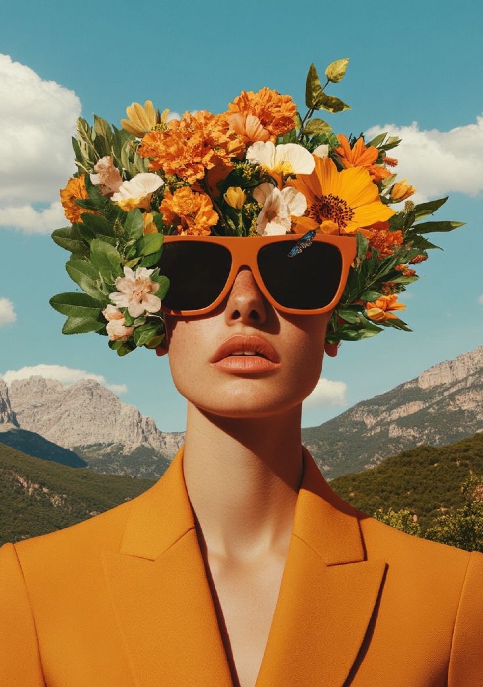 Editorial portrait with flowers replacing the face