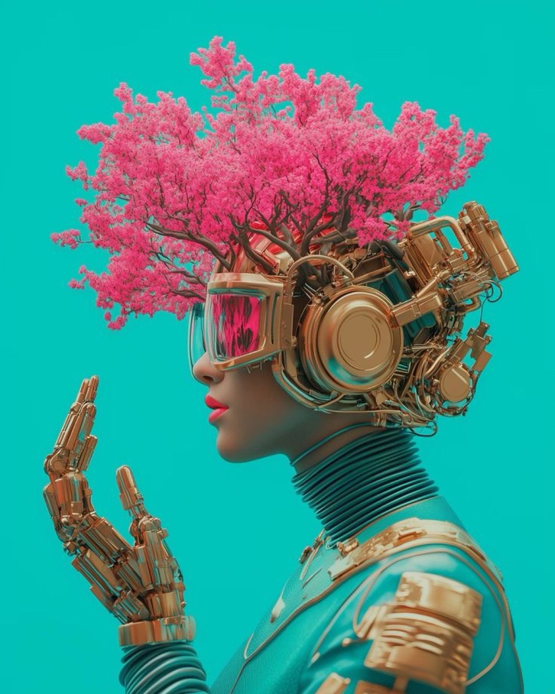 Futuristic figure with blossom crown in teal